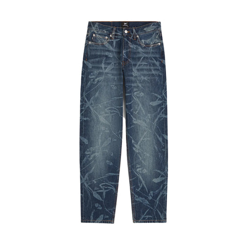 PATTA LEAVES LASER PRINT DENIM PANTS BLUE