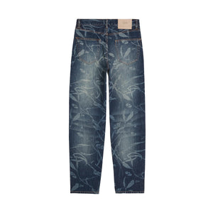 PATTA LEAVES LASER PRINT DENIM PANTS BLUE