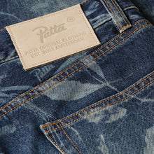 PATTA LEAVES LASER PRINT DENIM PANTS BLUE