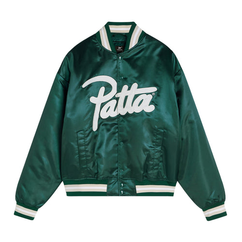 PATTA SCRIPT LOGO SATIN VARSITY JACKET BISTRO GREEN