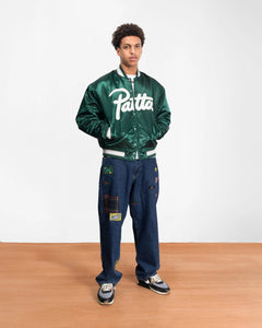 PATTA SCRIPT LOGO SATIN VARSITY JACKET BISTRO GREEN